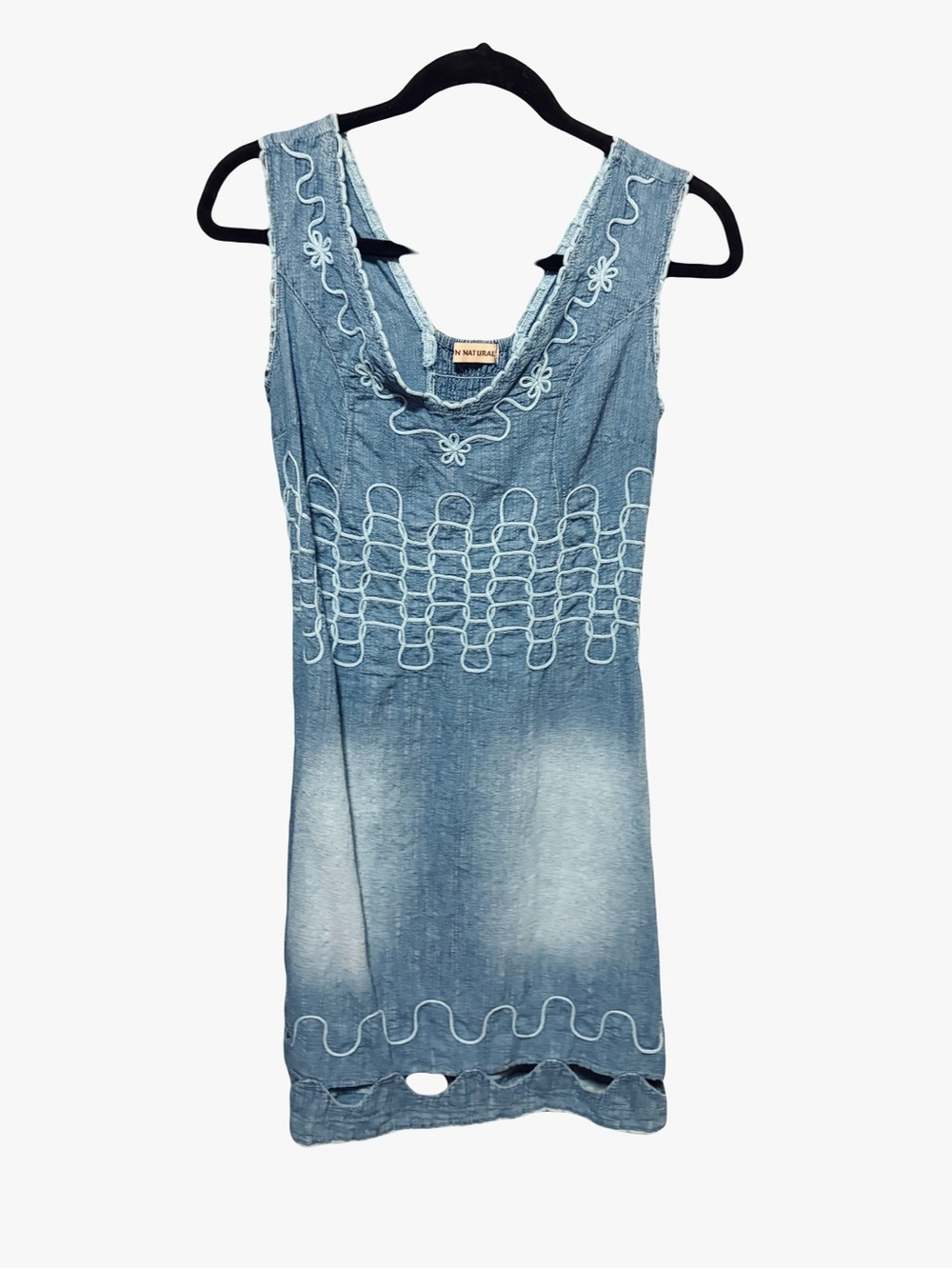 CottonNatural Light Blue Embroidered Denim-Style Sleeveless Dress